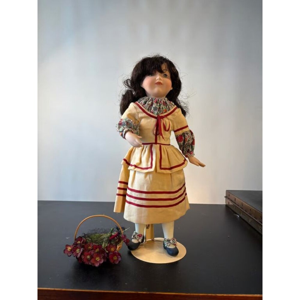 Porcelain Doll Girl Cream Red Striped Dress Flower Basket Dark Curls on Stand